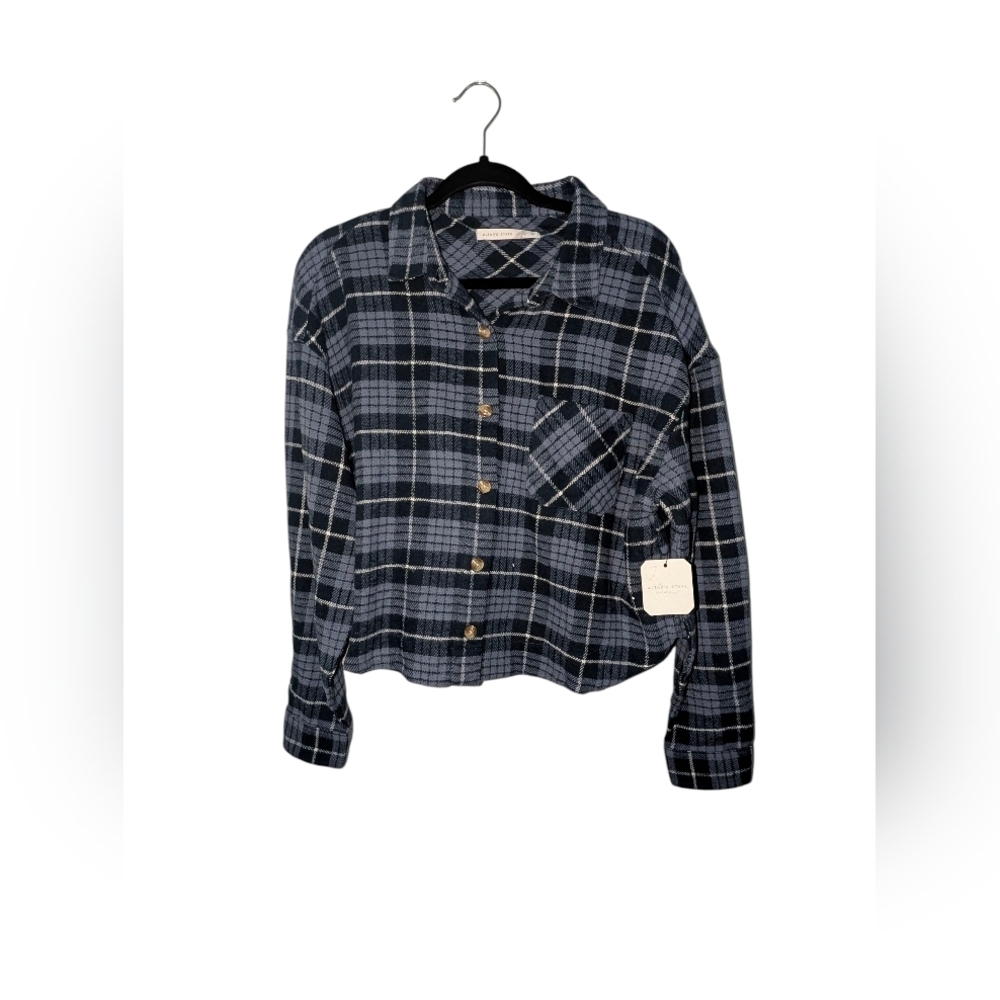 Altar'd State Navy Plaid Crop Button Down Shirt NWT